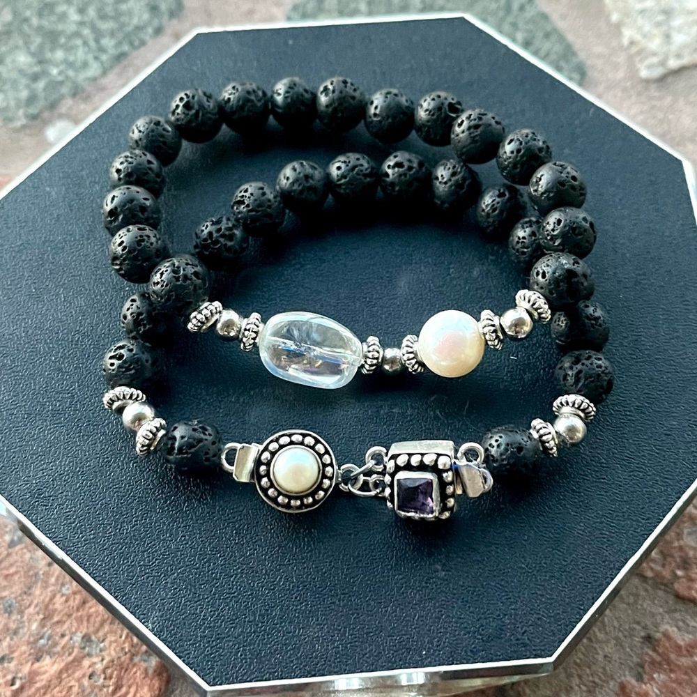 Genuine Gemstones bracelets set amethyst , pearl &  aura crystal + lava rock - Picture 7 of 16